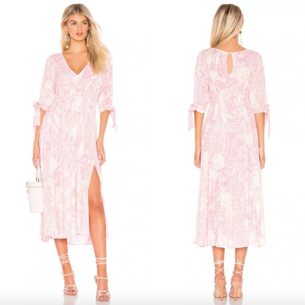 Free Peopleβpink white cream floral Always Forever tie sleeve v-neck midi dress